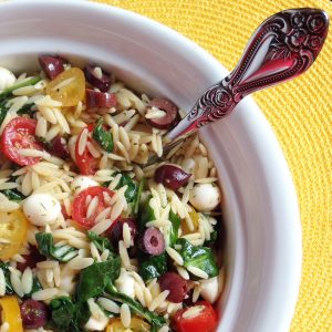 Caprese Orzo with Greens and Olives