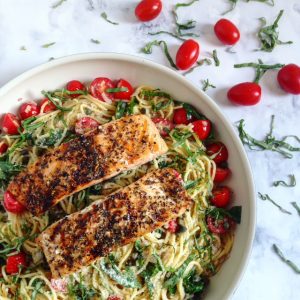 Grilled Salmon and Lemon Garlic Spaghetti