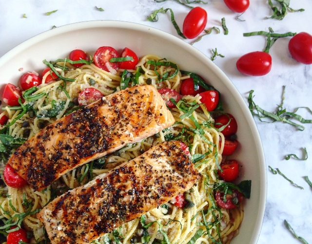 Grilled Salmon and Lemon Garlic Spaghetti