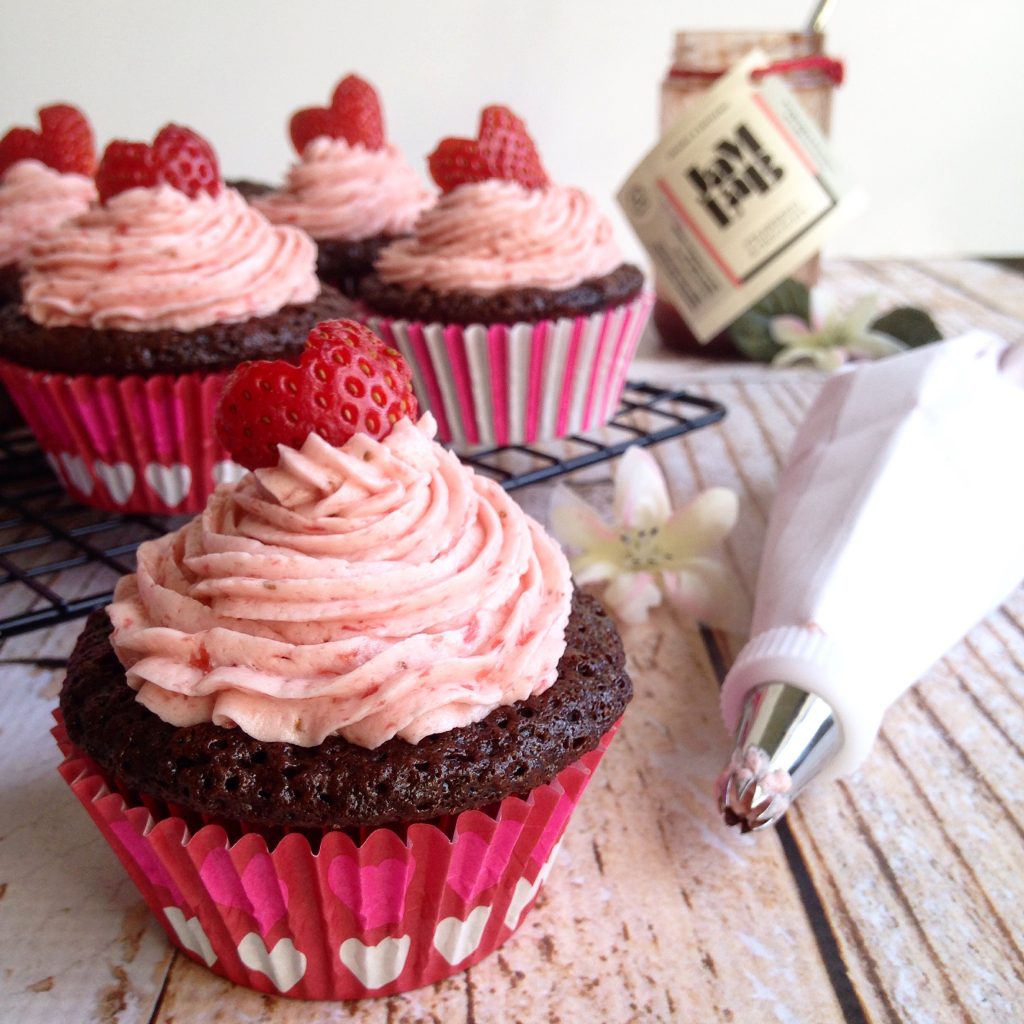 Strawberry and Chocolate Jam Filled Classic Chocolate Cupcakes with Strawberry Frosting