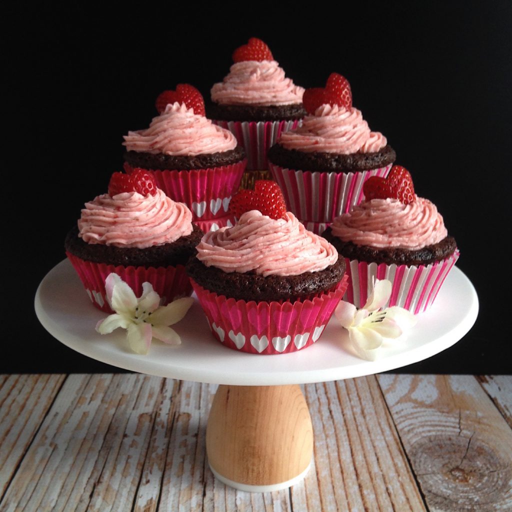 Strawberry and Chocolate Filled Classic Chocolate Cupcakes with Strawberry Frosting