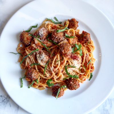 Spaghetti with Herb Garlic Confit Marinara and Spicy Mini Meatballs