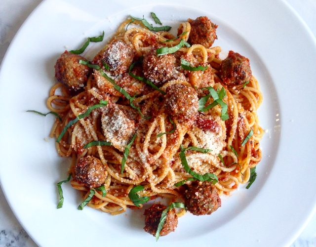 Spaghetti with Herb Garlic Confit Marinara and Spicy Mini Meatballs